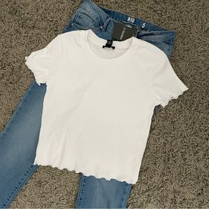 (4/$20) Forever 21 Lettuce Trim Ribbed Long Line White Crop Top